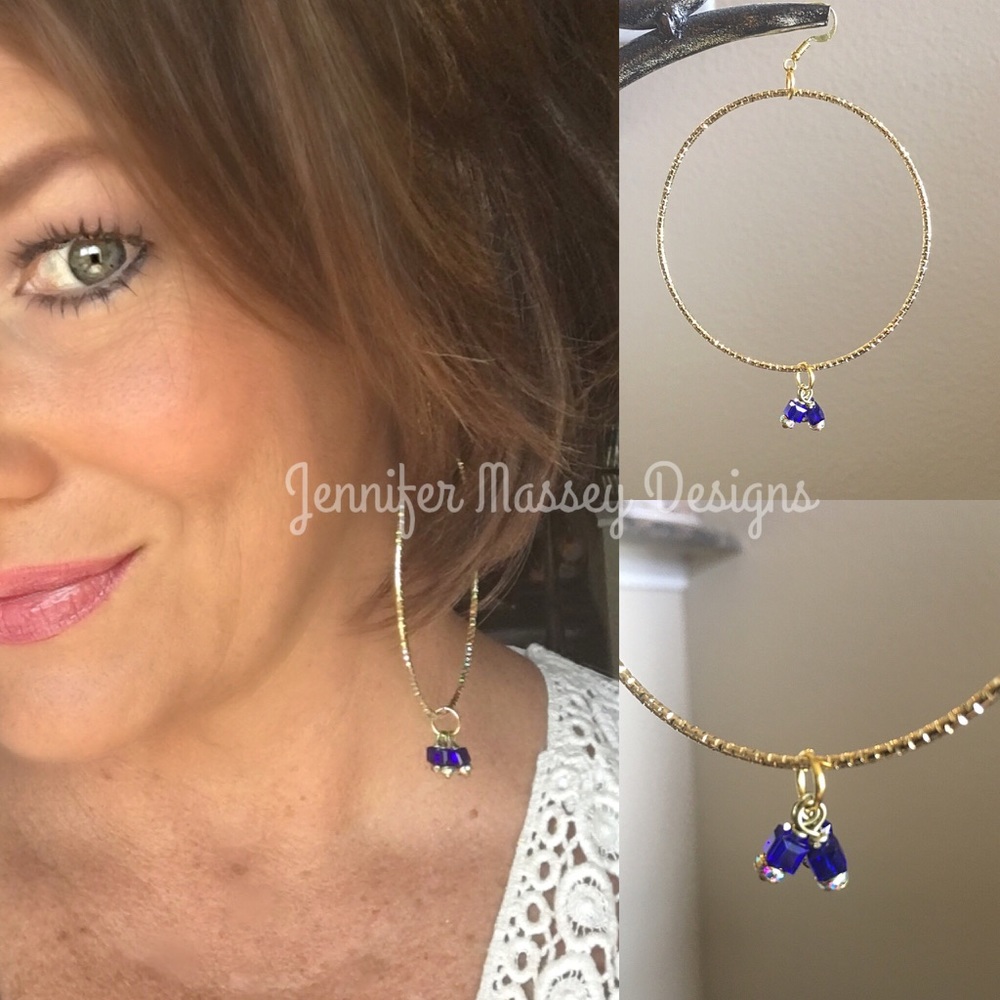 Gold hoops with cobalt crystal cluster